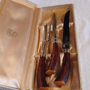 Washington Forge Carving Set With Knife Sharpener Vintage Fo Stag Handles